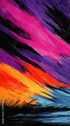Vibrant Abstract Sunset Landscape Painting with Colorful Brush Strokes - Purple, Pink, Orange, and Blue Artistic Canvas