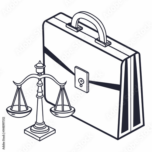 Legal Briefcase And Scales Of Justice Black And White Line Art