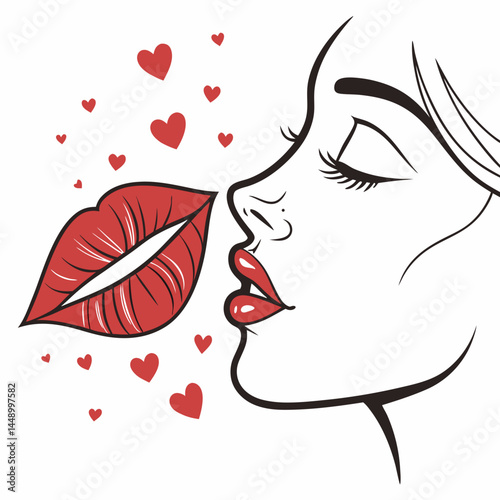 Woman Blowing A Kiss With Hearts Vector Art Graphic Design
