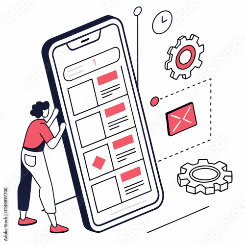 Woman With A Smartphone Processing Emails And App Settings Development Isometric