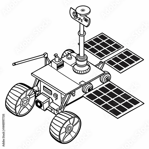 Line Art Illustration Of A Mars Rover With Solar Panels And Wheels