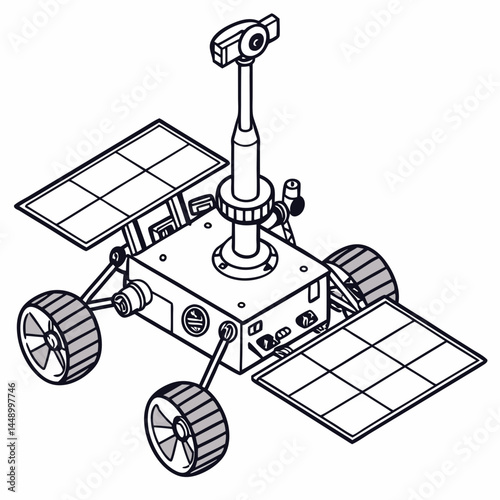 Isometric Line Art Illustration Of A Mars Rover Solar Panel Vehicle