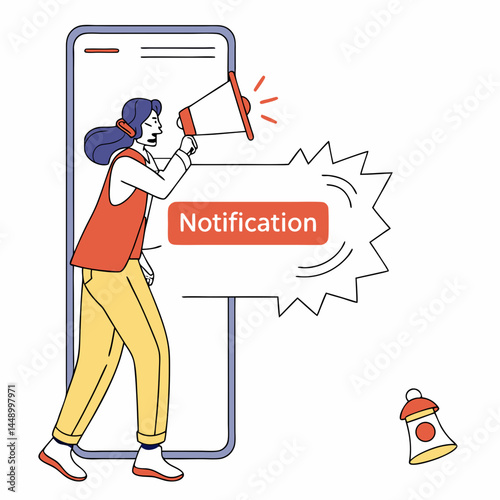 Woman With Megaphone Announces Notification On Mobile Phone Cartoon Illustration