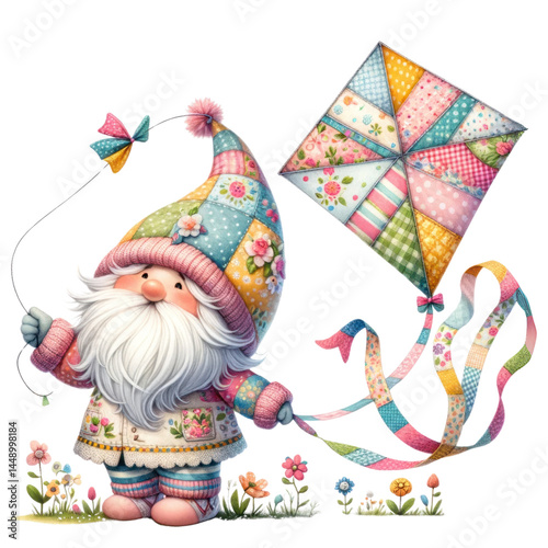 Obraz na płótnie Charming whimsical gnome figure with colorful patchwork kite, adorned in a floral outfit, happily holding the kite aloft among vibrant flowers in a sunny setting. w salonie