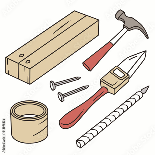 Hand Tools With Wood Planks And Other Carpentry Supplies Illustration