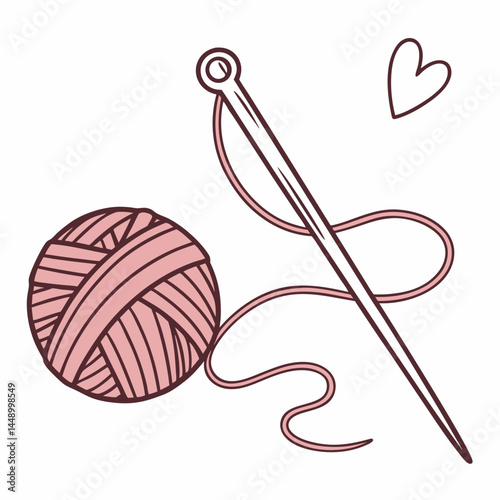 Knitting Wool And Needle With A Heart Outline Symbol Handcraft