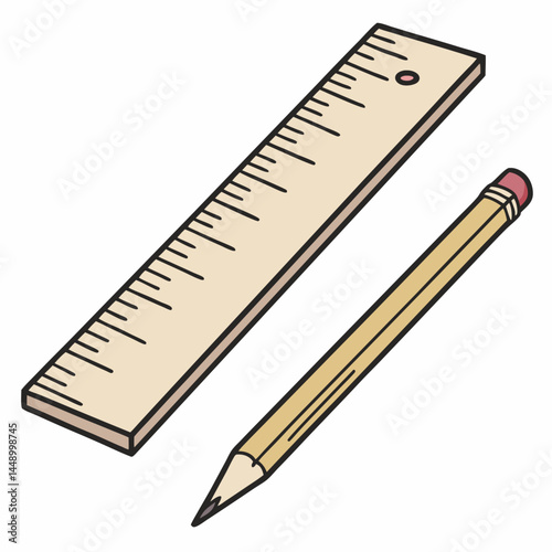 Illustration Of Wooden Ruler And Pencil For School Or Office Use