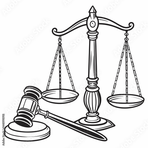 Scales Of Justice And Gavel Law Outline Vector Illustration