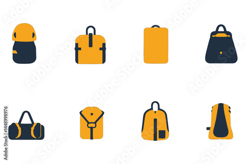 Yellow Backpacks and Bags Icon Set, Collection of yellow backpacks and bags icons.
