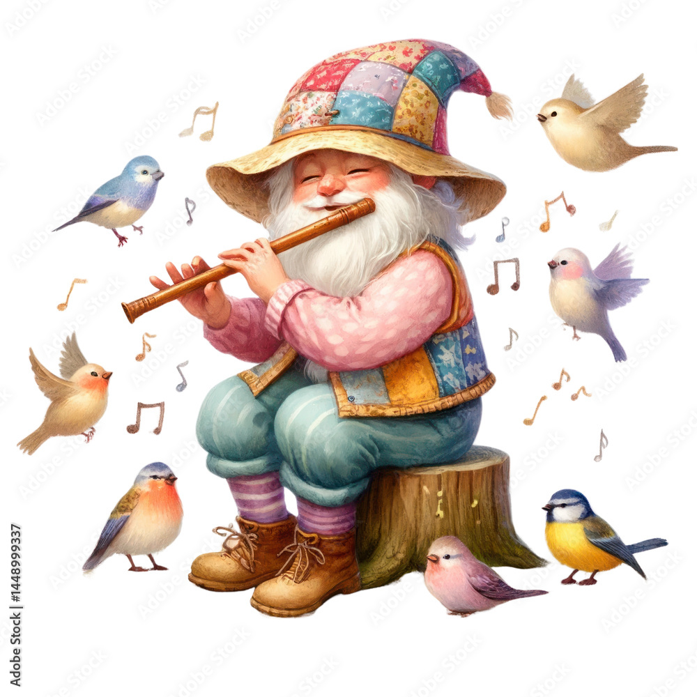 Whimsical gnome playing flute surrounded by colorful birds in a forest setting, creating a joyful and musical atmosphere with nature
