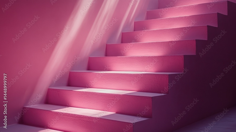 Obraz premium Pink stairs, sunlit interior, minimalist design, product display