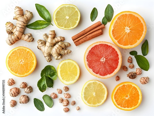 A vibrant flat lay showcasing fresh citrus fruits, ginger root, turmeric, and cinnamon sticks on a white background.