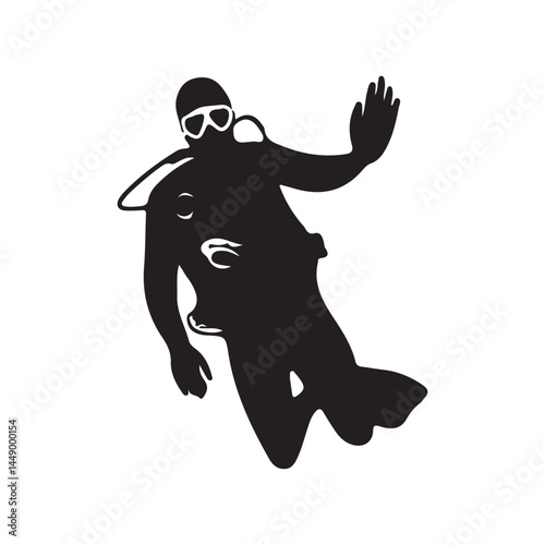 Diving silhouette scuba diver vector underwater ocean sea deep adventure sport recreation black and white art
