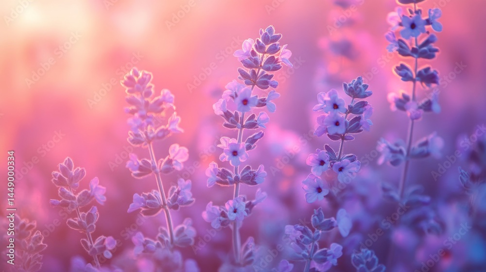 Naklejka premium Soft purple flowers bloom under a warm light during sunset in an open garden