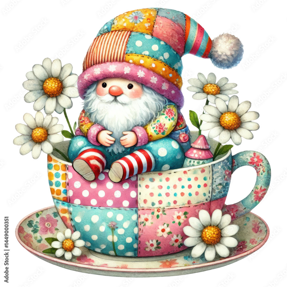 Whimsical gnome sitting in a colorful teacup surrounded by daisies, showcasing vibrant patterns and a joyful atmosphere in a playful illustration