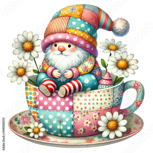 Obraz na płótnie Whimsical gnome sitting in a colorful teacup surrounded by daisies, showcasing vibrant patterns and a joyful atmosphere in a playful illustration w salonie