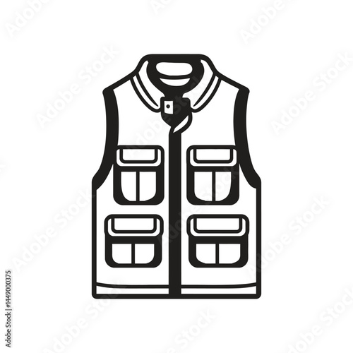 Fishing Vest Outline Icon, Black Line Art, Utility Pockets, Minimalist Style