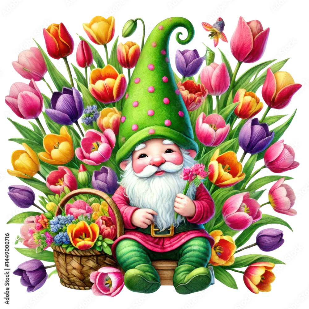 Charming garden gnome surrounded by colorful tulips and spring flowers, sitting on a wooden bench with a basket of blooms, whimsical and cheerful decor