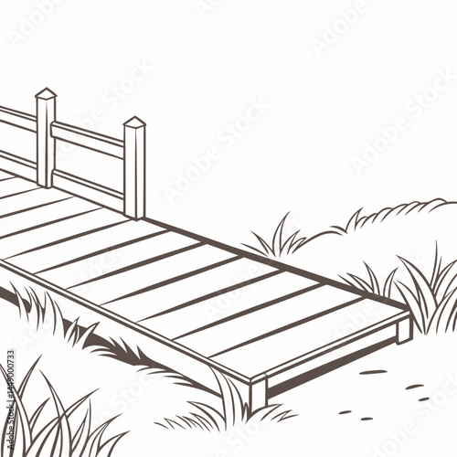 Vector Drawing Of Small Wooden Bridge With Grass And Mud