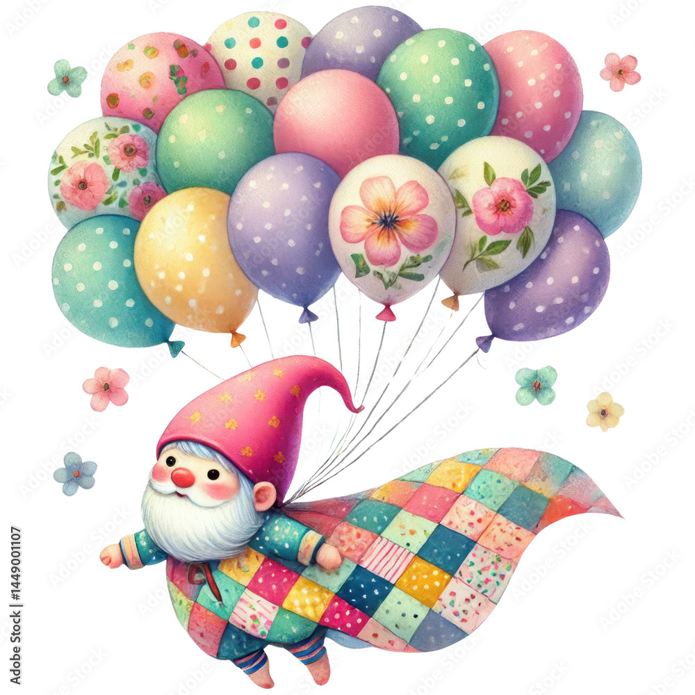 Whimsical gnome character flying with colorful balloons in a playful pastel palette surrounded by cheerful floral decorations ideal for festive themes