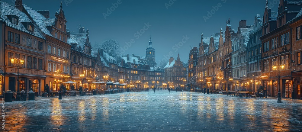 Fototapeta premium Snowy Town Square at Dusk.