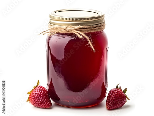 A full jar of homemade strawberry jelly sits beside two ripe strawberries on a bright white background.