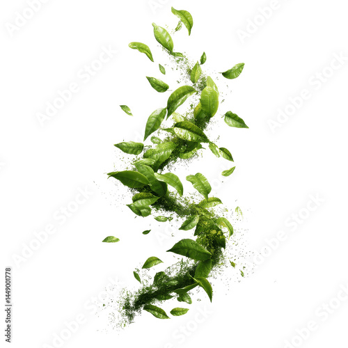 Green Tea Leaves Exploding in Motion, Abstract Nature Design