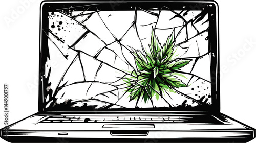 Broken Laptop Screen with Green Cannabis Leaf – Vector Illustration of Marijuana and Technology Collision, Symbolic Digital Disruption Concept