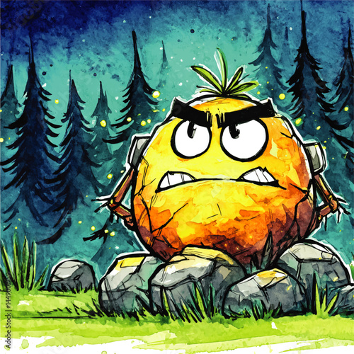 Angry Cartoon Orange Character in Forest – Watercolor Style Illustration with Vibrant Colors and Whimsical Background