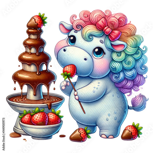 Adorable cartoon character with colorful hair enjoying strawberries dipped in chocolate from a whimsical fountain on a vibrant background filled with joy and sweetness