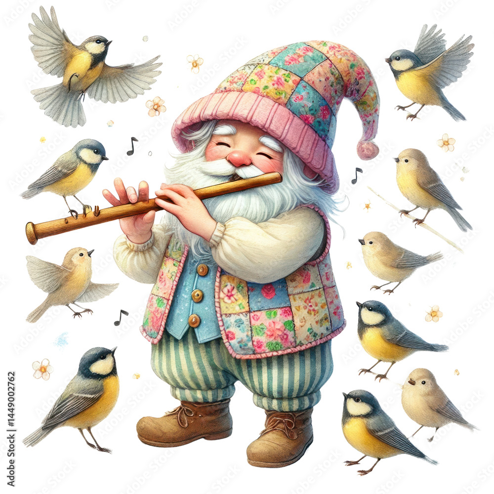 Charming Gnome Playing Flute Surrounded by Cheerful Birds in a Whimsical Garden Scene with Flowers and Nature Elements