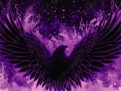 Majestic Purple Phoenix with Outstretched Wings – Abstract Watercolor Splash, Fantasy Bird Art, Vibrant Illustration Background