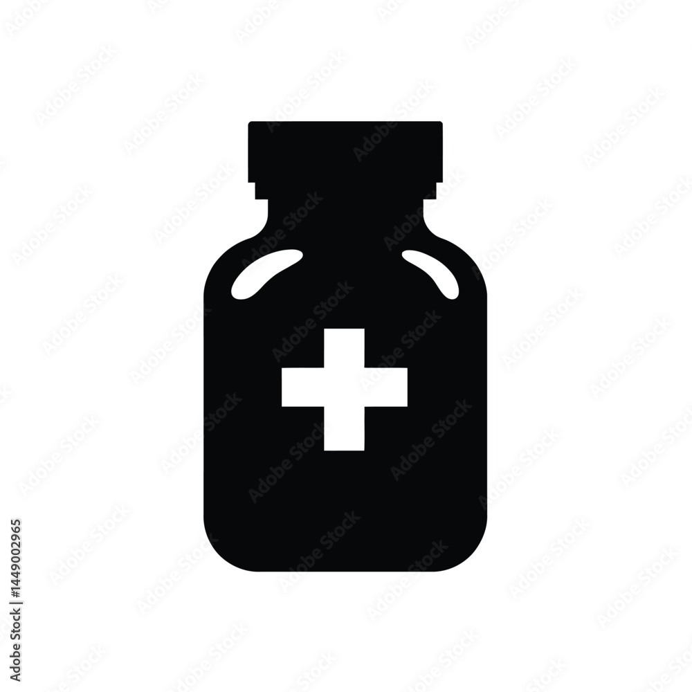 Obraz premium Medical Bottle Icon in Black with Plus Sign on Transparent Background