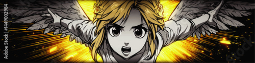 Dynamic Anime Angel Girl with Outstretched Wings and Golden Burst Background – Powerful Manga Illustration for Fantasy Art and Creative Design