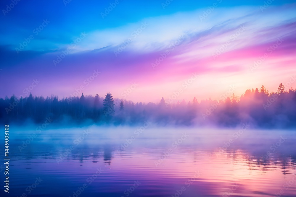 Fototapeta premium Scenic view of misty lake sunrise purple blue reflections serene nature scene