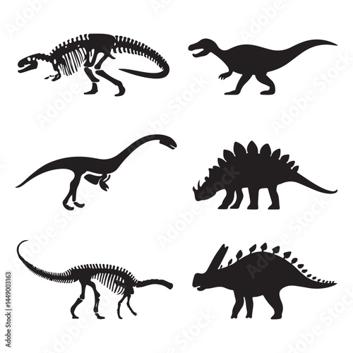Dinosaur silhouettes and skeletons vector illustration of prehistoric animals isolated on white background