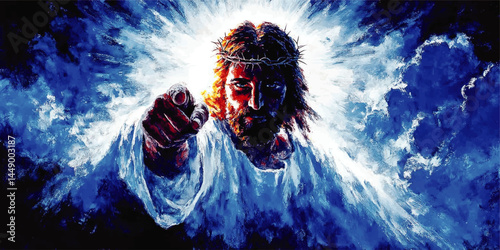 Dramatic Painting of Jesus Christ With Crown of Thorns Pointing Towards Viewer, Glowing Light, Powerful Christian Religious Art
