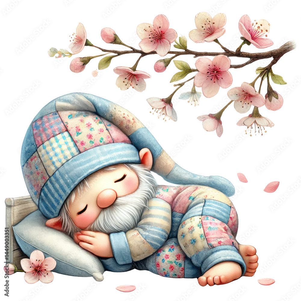 Adorable sleeping gnome in patchwork pajamas resting on a pillow beneath blooming cherry blossom branches, evoking peaceful spring vibes and whimsical charm