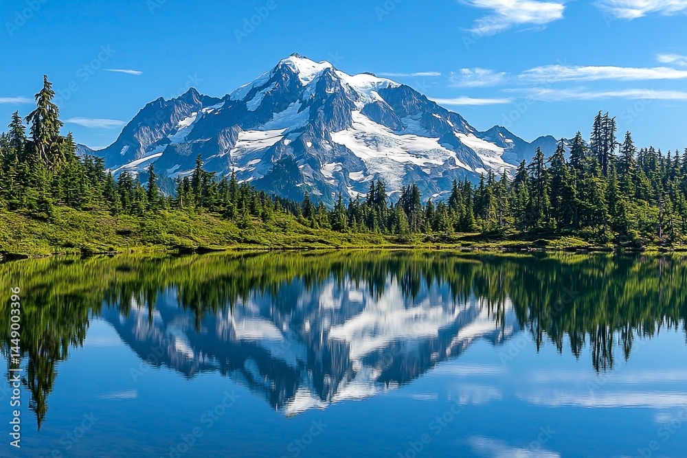 Majestic mountain reflecting perfectly in a tranquil alpine lake landscape Majestic mountain reflecting perfectly in a tranquil alpine lake landscape