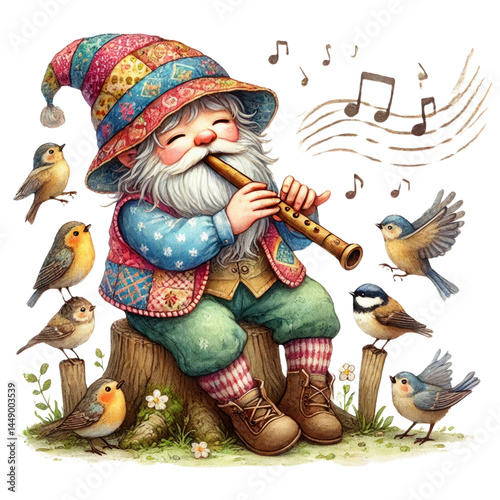 Wallpaper Mural Cheerful gnome playing flute surrounded by colorful birds in a whimsical forest scene, bright colors and playful atmosphere, perfect for seasonal designs Torontodigital.ca