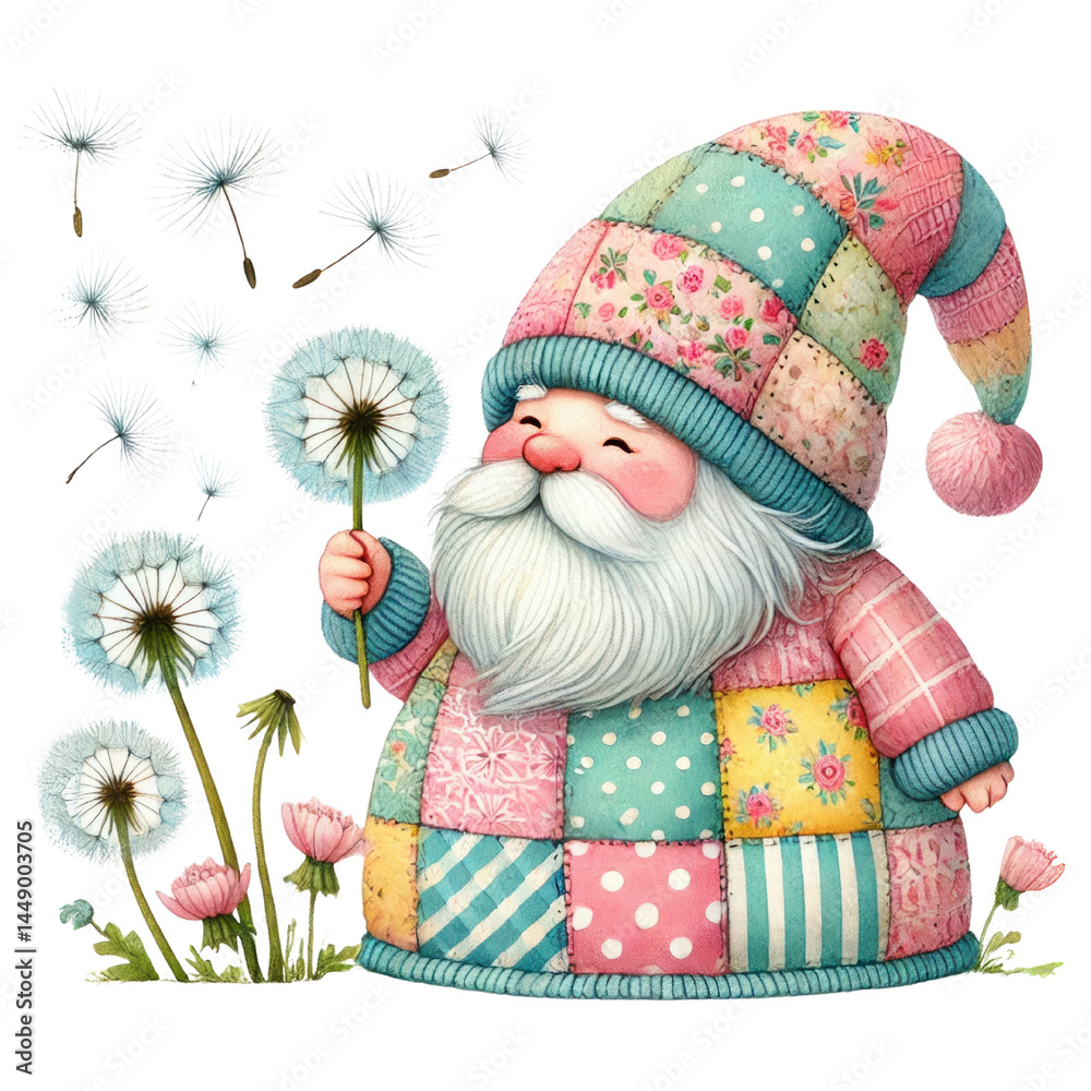 Charming Gnome with Flowered Cap Holding a Dandelion Surrounded by Dandelions and Flower Petals in a Colorful Patchwork Coat