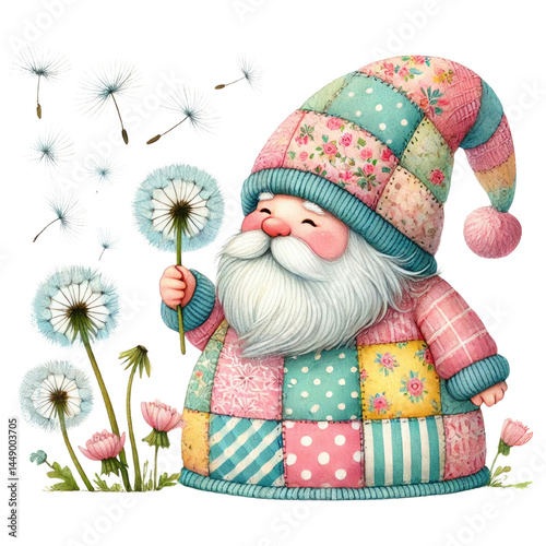 Charming Gnome with Flowered Cap Holding a Dandelion Surrounded by Dandelions and Flower Petals in a Colorful Patchwork Coat