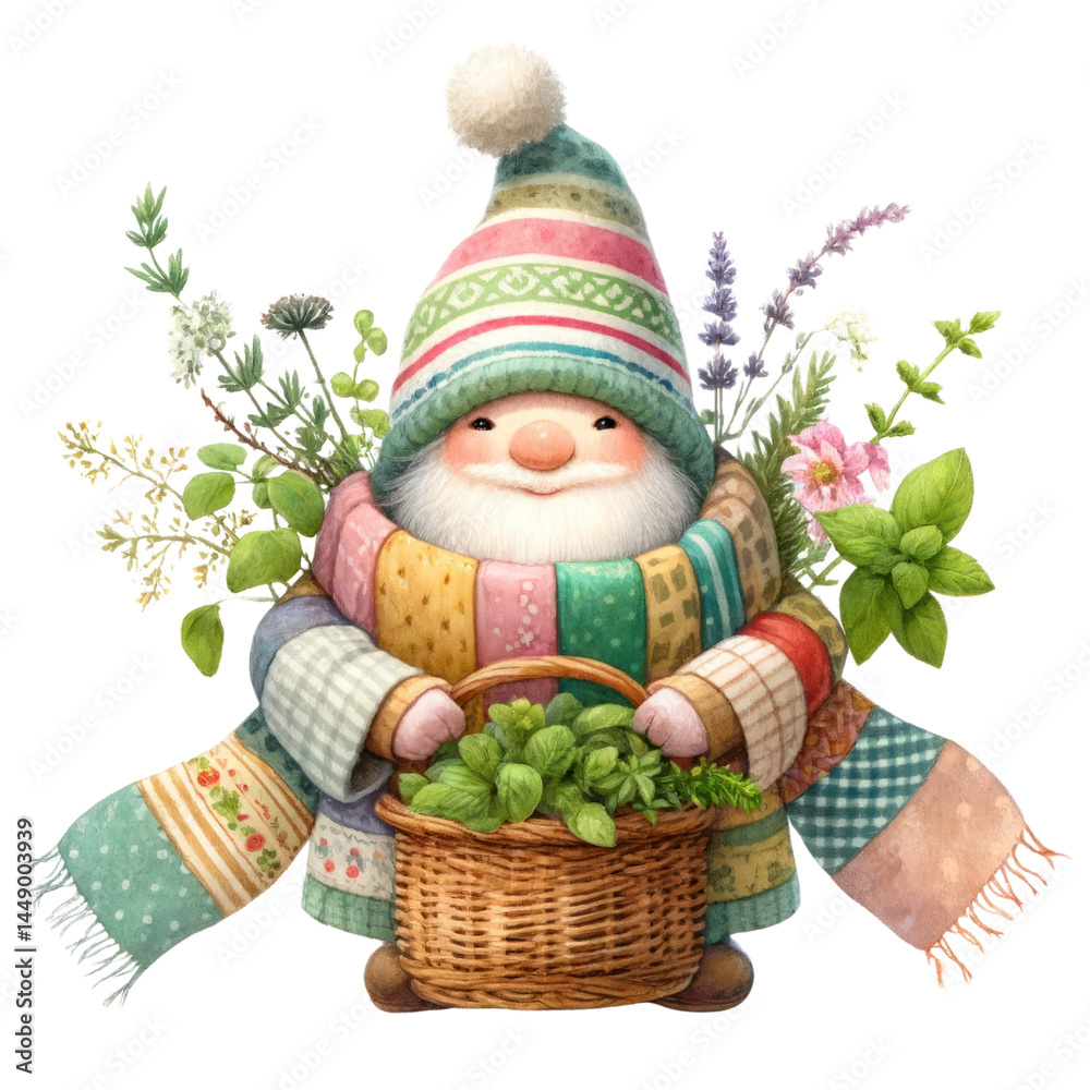 Charming gnome character in colorful attire surrounded by vibrant plants and flowers, holding a basket filled with fresh herbs and greenery in a whimsical garden scene