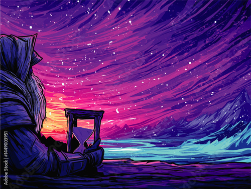 Mysterious Hooded Figure Holding Hourglass at Vibrant Sunset, Surreal Fantasy Landscape with Mountains and Cosmic Sky