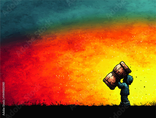 Surreal Art of Child Holding Hourglass Silhouette Against Vibrant Sunset Sky, Concept of Time, Hope, and Imagination