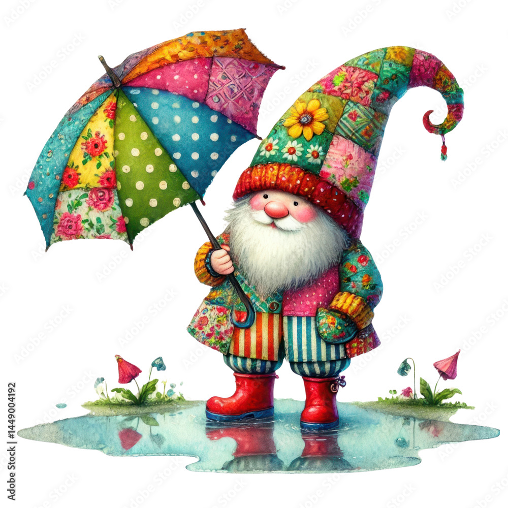 Cheerful gnome in colorful attire holding an umbrella standing in a puddle surrounded by flowers and vibrant greenery in a whimsical setting
