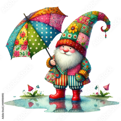 Obraz na płótnie Cheerful gnome in colorful attire holding an umbrella standing in a puddle surrounded by flowers and vibrant greenery in a whimsical setting w salonie