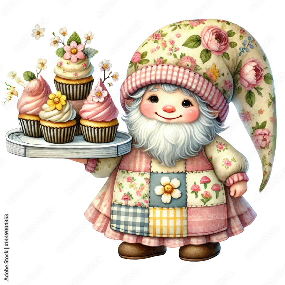 Cute gnome character holding a tray of pink frosted cupcakes surrounded by flowers, showcasing a whimsical dessert theme for enchanting celebrations