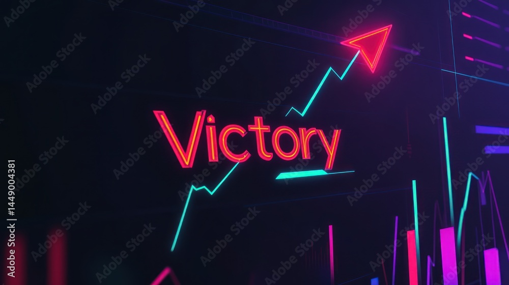 Fototapeta premium Digital display showing the word Victory with an upward trend graph, surrounded by various data visualizations. A vibrant display of success and achievement