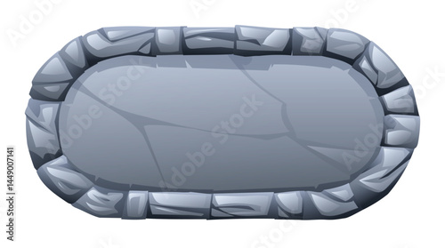 Rounded rectangle stone frame surrounded by jagged stone pieces, with a fractured surface in the middle. Stone banner element for game and web. Ui or gui design element. Vector cartoon illustration
